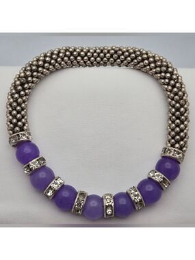 Handmade Amethyst & Silver Beaded Stretch Bracelet 8.5” Purple Artisan Fashion